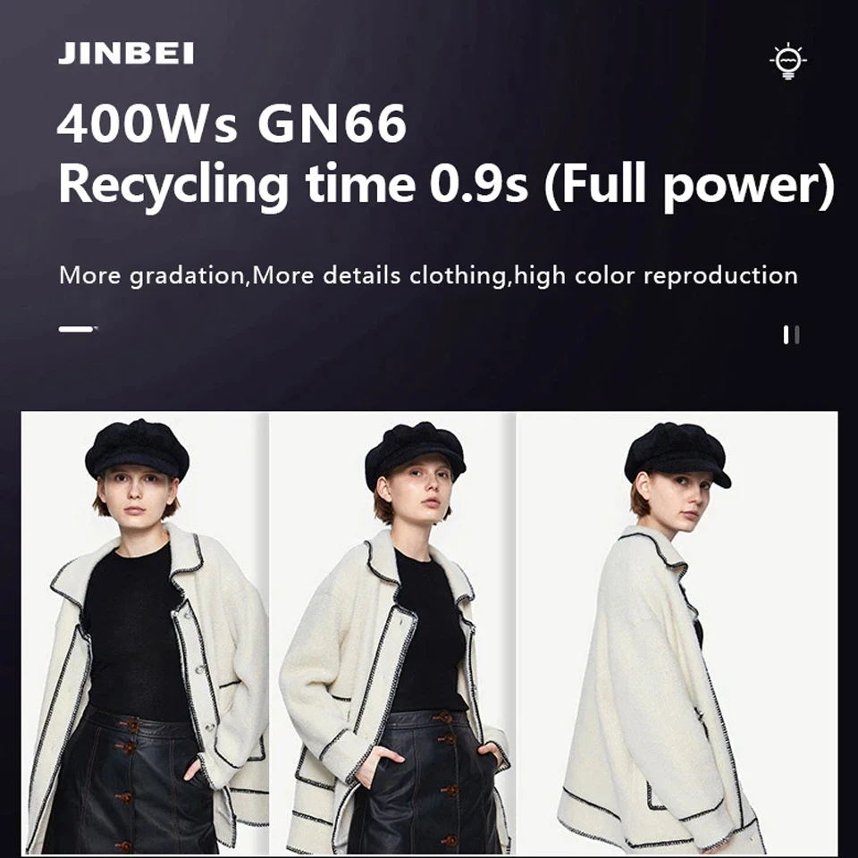 진베이 스파크 400D 400W GN66 재활용 시간 0.9초 스튜디오 플래시 라이트 내장 2.4G 무선 시스템 지원 원격 제어