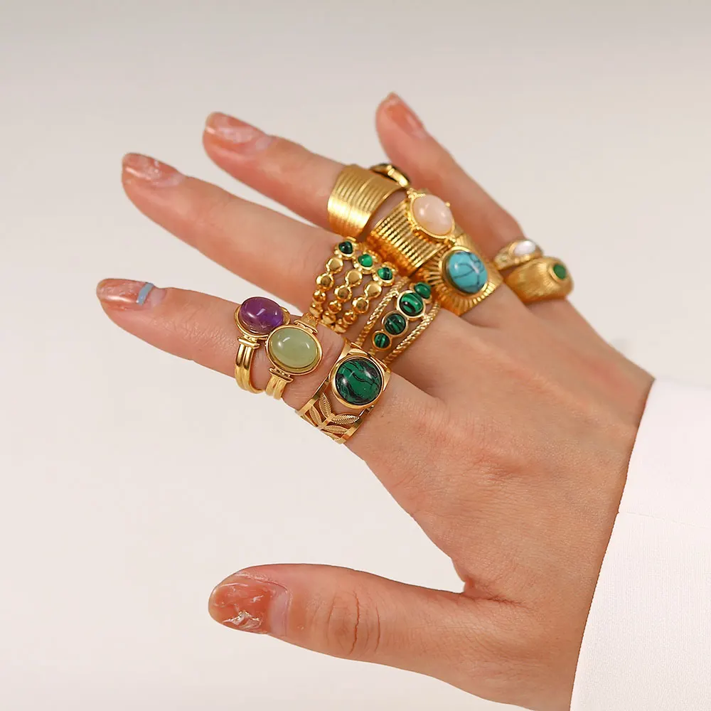 Youthway New Design Natural Stone Stainless Steel Ring Women Waterproof Stylish Golden Jewelry 2022 NEW Set 3