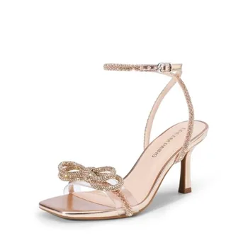 DREAM PAIRS Women's Dress Sandals for Party Wedding with Double Bowknots Heels Open Square Toe Ankle Strap Crystal Rhinestone S