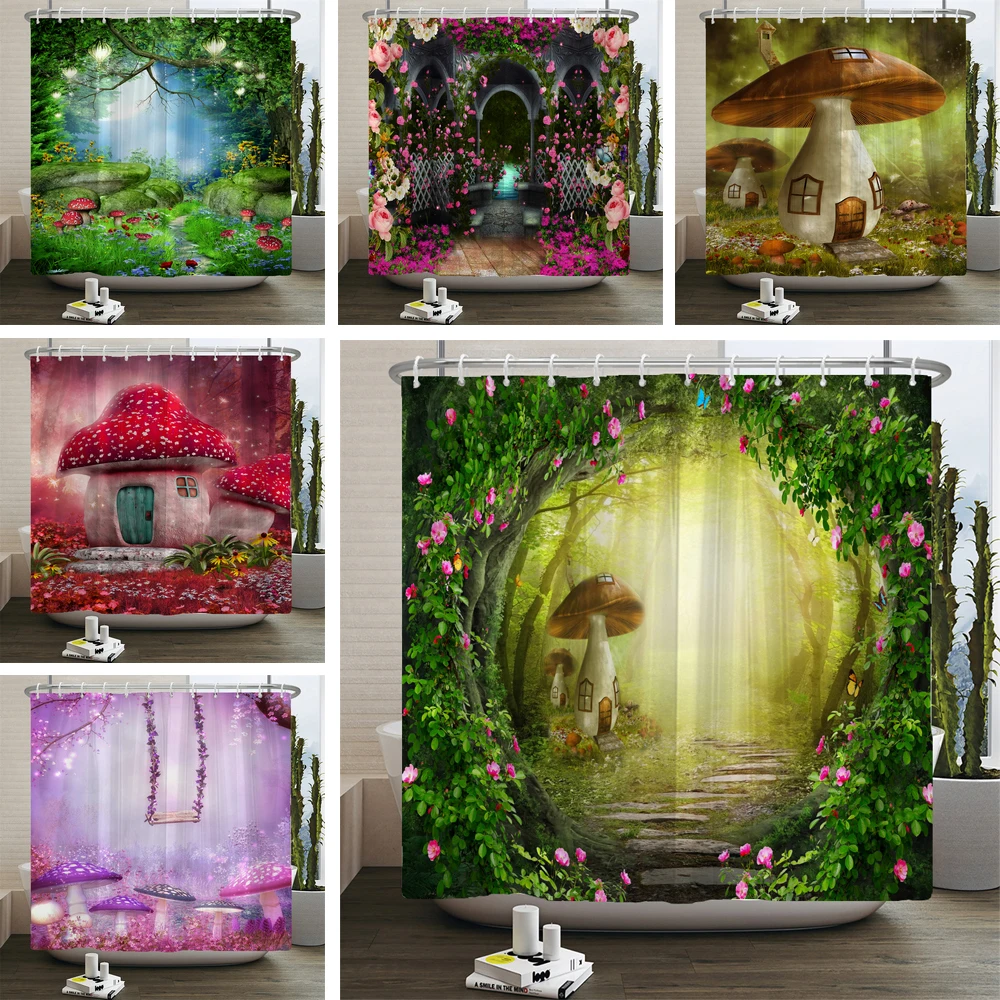 

Cartoon Fairy Tales Mushroom Forest Shower Curtain Fantasy Butterfly Moon Castle Printed Waterproof Fabric Bathroom Curtains