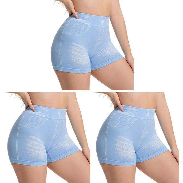 Lot de 3 shorts en jean imitation pour femme, pour fitness, course, sport, gym, entraînement, avec effet froncé aux fesses, leggings de yoga sans couture, culottes gainantes