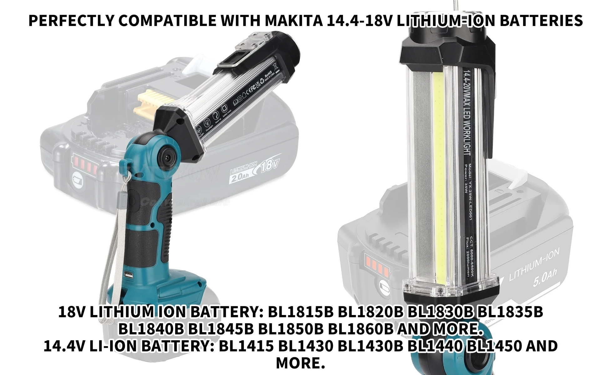 25 W 2000 lm kabelloses Taschenlampen-Flutlicht für Makita 18 V LXT Lithium-Akku, LED-Arbeitslicht mit USB-Anschlüssen für Camping-Notfälle – Detail 13