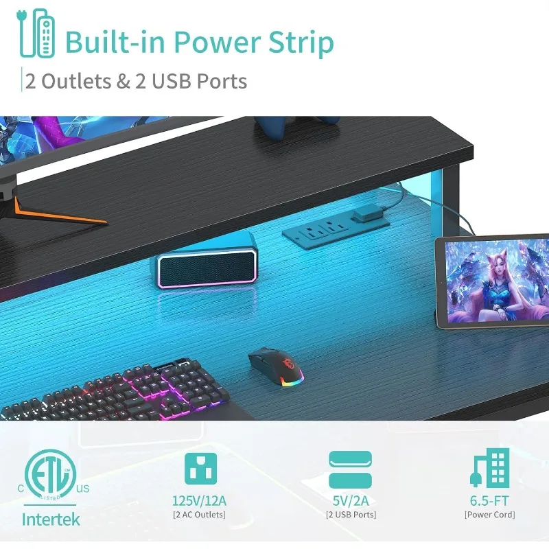 Black Gaming Desk with LED Lights and Power Outlets, 40 Inch Teen Writing Study Table Home Office Desks with Monitor Stand 6