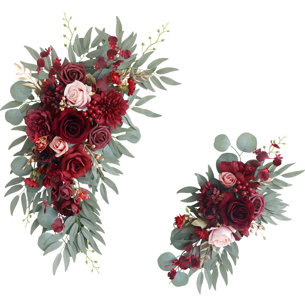 

2pcs/set Vintage Burgundy Arch Flowers European Wedding Welcome Sign Imitation Flower Banquet Decoration Corner Flowers
