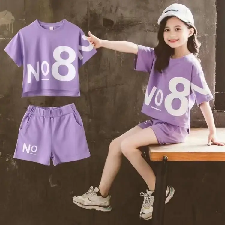 Children Short Sleeve Top +shorts 2pc Girls Summer Suit Teen Sportswear Girls Clothes Sets Boutique Kids Clothing