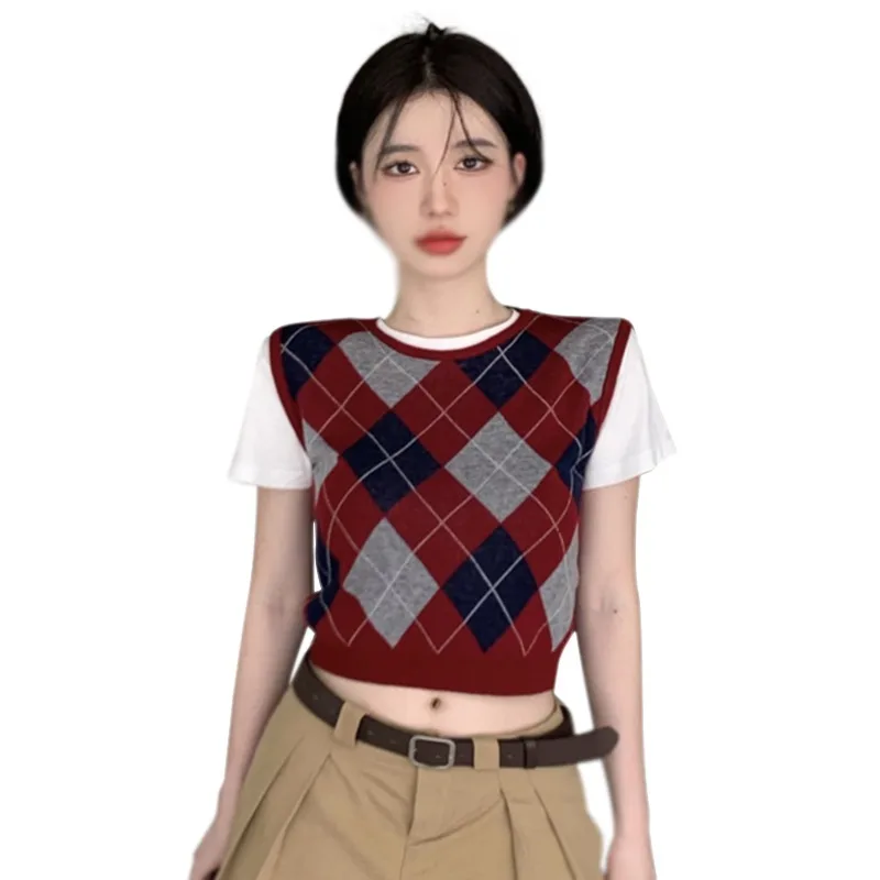 

Women's Vintage Lattice Knitted Vest Casual College Style Round Neck Sleeveless Loose Fall Spring Sweater Tank Top