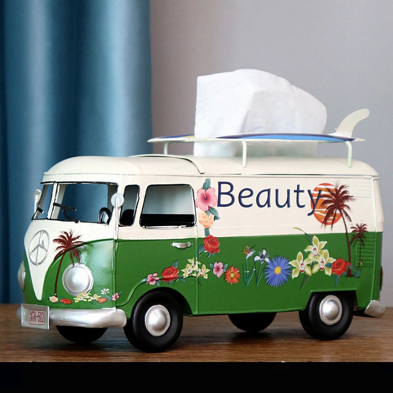 Bus Tissue Box Model Figurines Retro Car Tissue Dustproof Tissue Storage Box For Office Home Decoration Paper For Storage 5