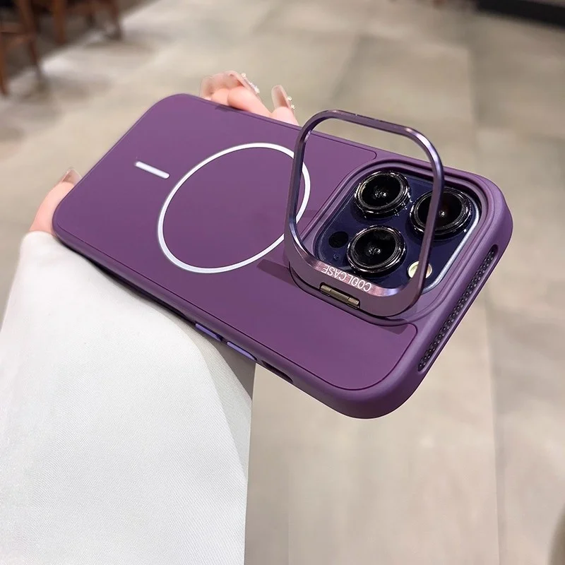 Premium Magnetic Liquid Silicone Shockproof Phone Case with Metal Lens Stand Holder