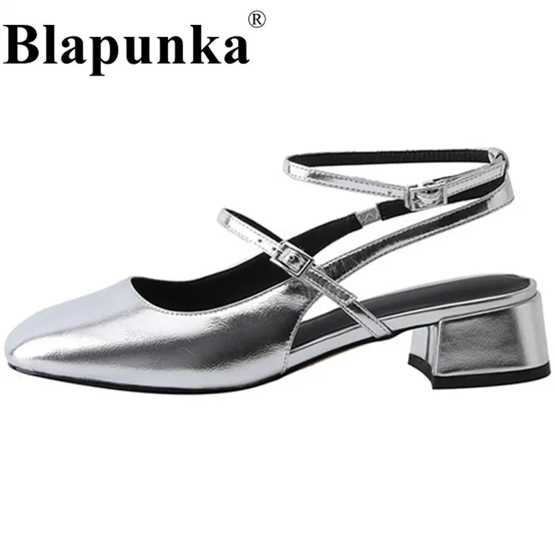 

Blapunka Women Patent Sheep Leather Slingback Shoes Block Heel Pumps Ladies Trendy Double Buckle Square Toe Silver Sandals 33-41