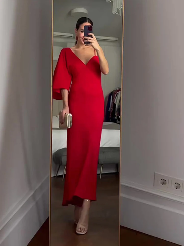 

Elegant One Shoulder Half Sleeve Red Long Dress Women Fashion Asymmetric Slim V-neck Sling Dresses Lady Party Evening Vestido