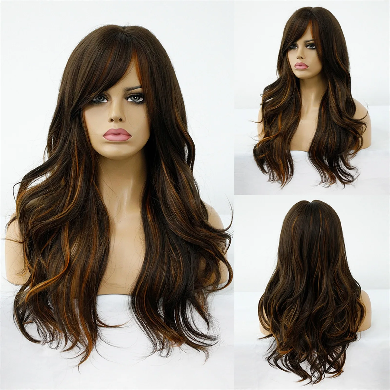 

Wig Eight-Character Bangs Brown Black Highlights Wave Long Curly Wig Daily All-Match Matching Wig Natural Full Head Cover Wig