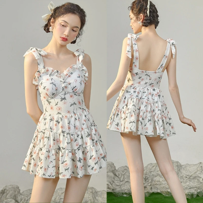 

Women Ruffled One Piece Bathing Suit Lady Fashion Floral Print Swimwear Skirt Summer Backless Swimdress for Water Parks