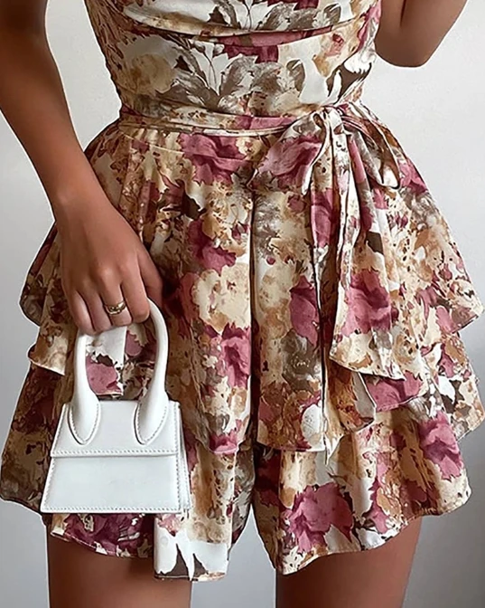 Women's Jumpsuit Shorts 2024 Summer Sleeveless Suspender with Floral Print Square Collar and Layered Lotus Leaf Pattern Jumpsuit