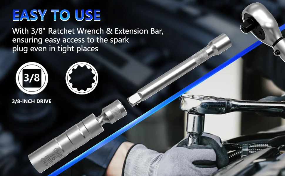 15 Stück magnetischer Zündkerzenschlüssel-Adapter, 12 Winkel, mit Ratschenschlüssel, Zündkerzenspalt und Verlängerungsstange – Detail 4