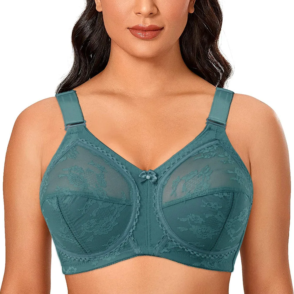 Green Plus Size Lace Bra Women Big Minimizer Bras Unlined Full Coverage  Ultra Thin Wireless Adjusted-straps D E F G H I