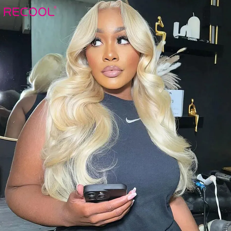 Recool 613 Blonde Curtain Bangs Lace Closure Wig Human Hair Glueless 6&times;5 Pre Cut&Bleached Hd Lace Body Wave Wig