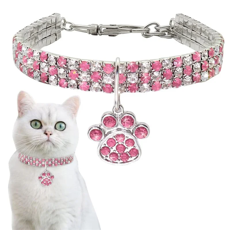 Pluxury Crystal Cat Collar Paw Gem Pendant Party Collana Con Strass Riflettenti Regolabile Cats Puppy Chihuahua Pet Accessories