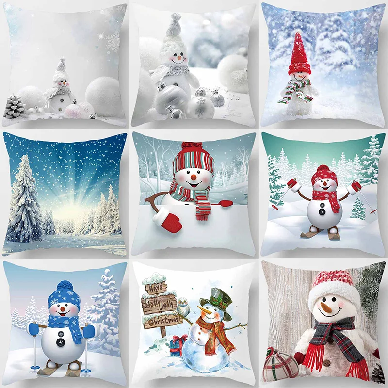 

Christmas Snowman Cushion Covers Short Plush Pillow Covers Snow-covered Landscape Pillow Cases Sofa Pillow Cases Cover