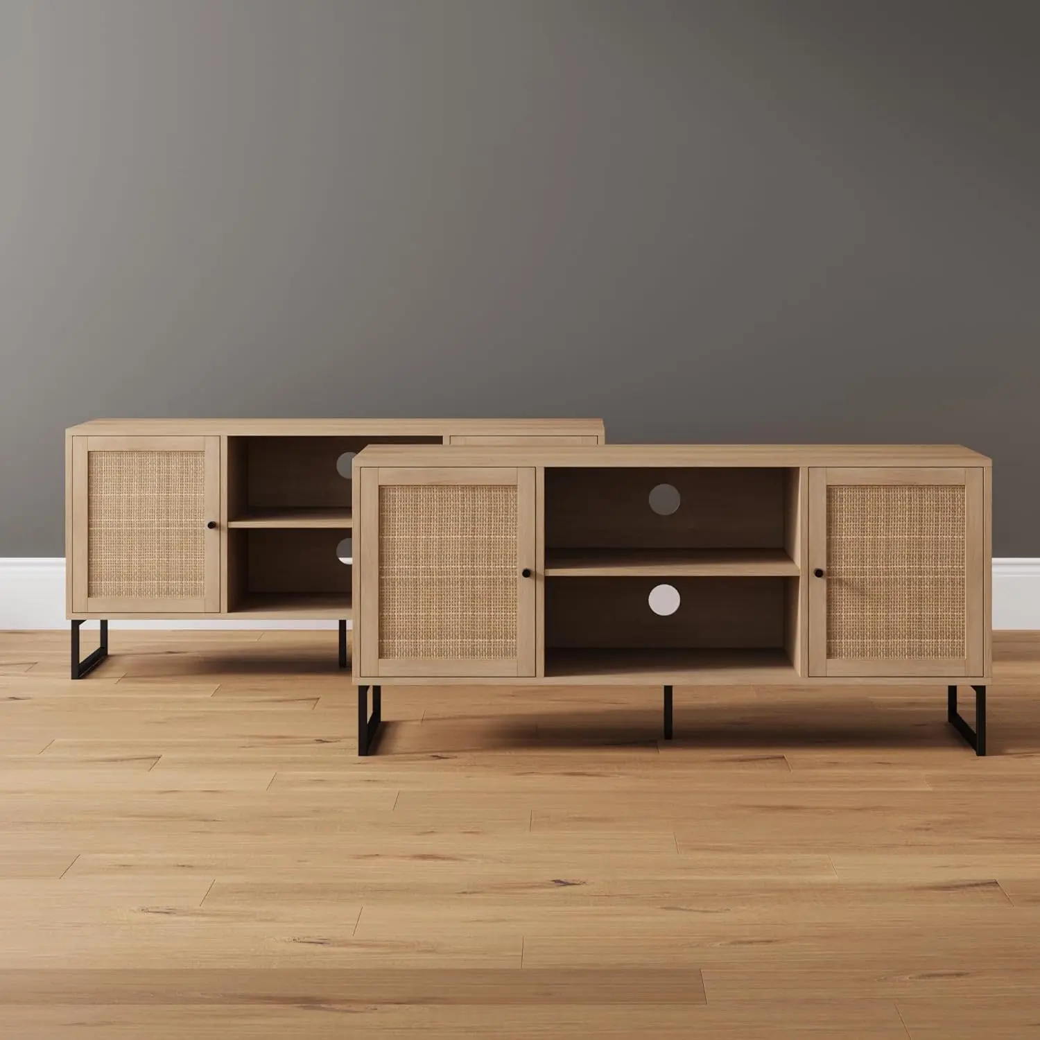 

Modern Entertainment Cabinet, with Rattan Storage Doors for Living Media Room, Oak/Black - Set of 2 USA