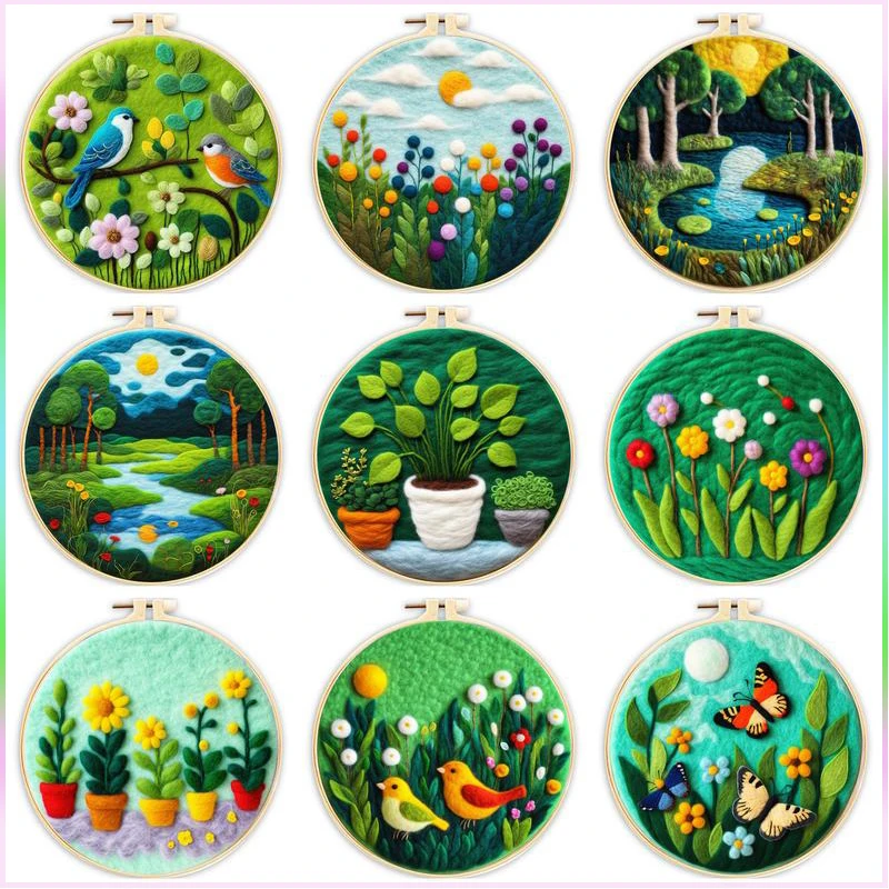 CHENISTORY Wool Felting Painting DIY Wool Embroidery Kit Creative Green Scenery Wool Needle Felt Picture Kit Craft Painting Gift