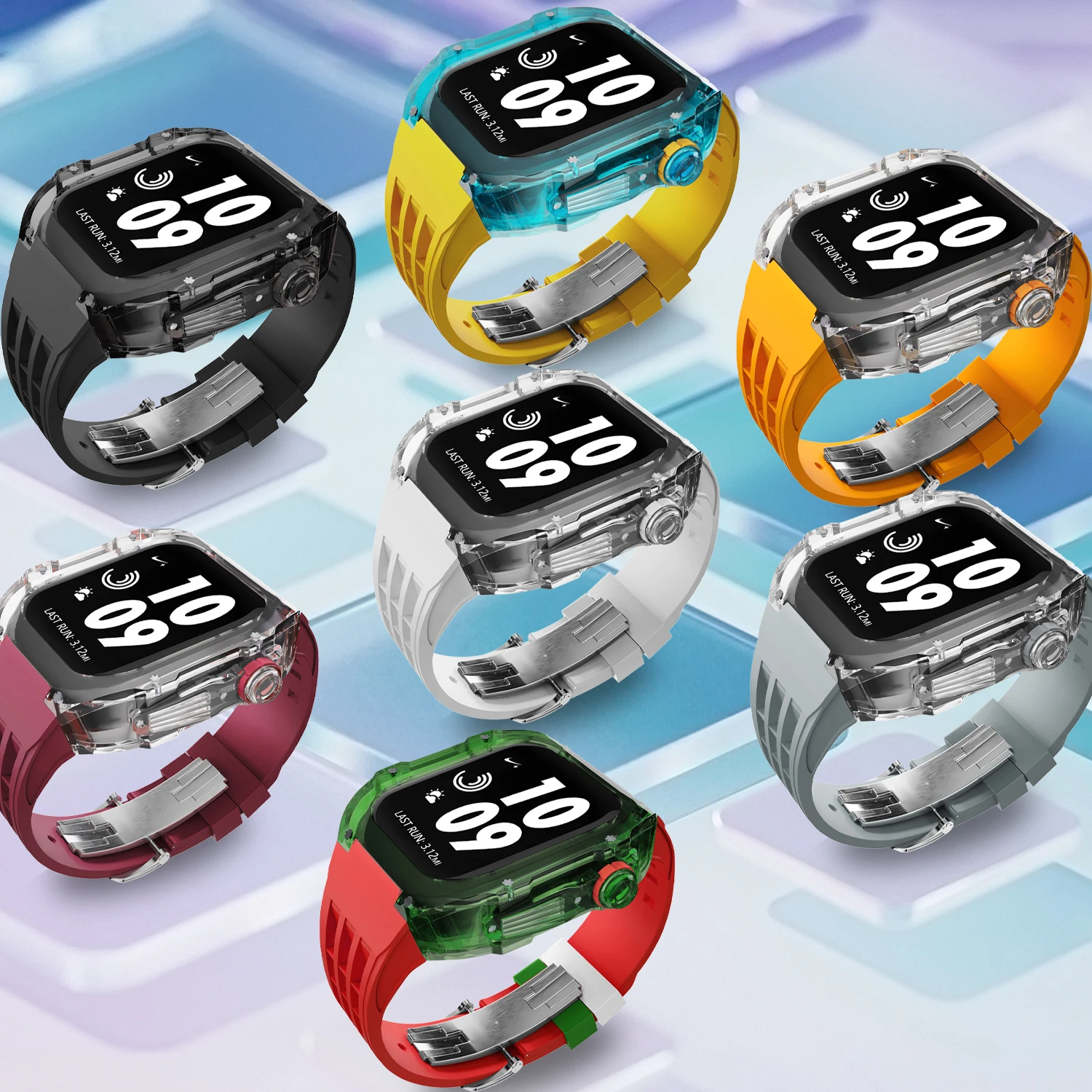 애플 워치 밴드용 투명 케이스 개조 키트, 고무 팔찌 스트랩, iWatch 8, 7, 6, 5, 4 SE 키트 벨트, 45mm, 44mm