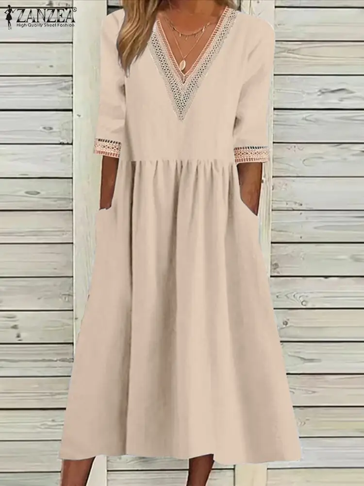 

2023 ZANZEA Women Vintage Party Midi Sundress Summer V Neck Half Sleeve Solid Beach Dress Casual Loose Lace Patchwork Vestidos