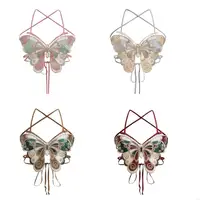 Y1AC Women Strappy Backless Beach Crop Top Butterfly Embroidery Halterneck Camisole