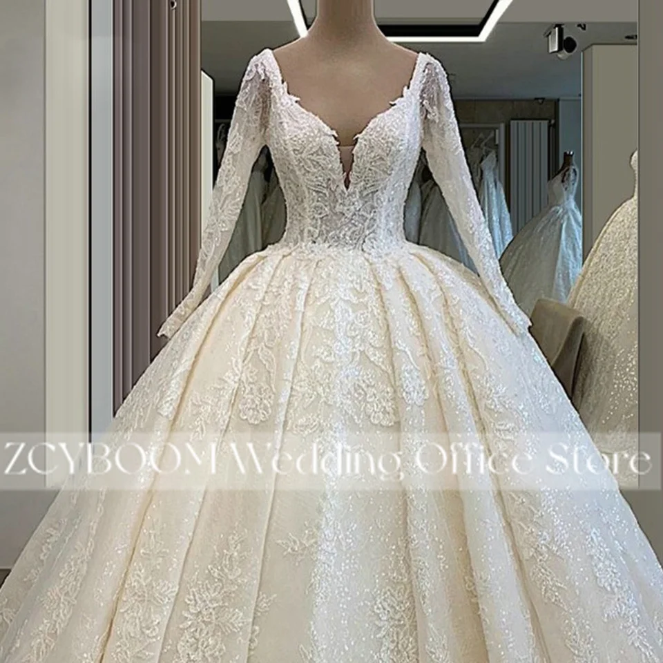 Elegante V-Ausschnitt Ballkleid-Hochzeitskleider 2026 mit langen Ärmeln, Glitzer-Tüll, rückenfrei, Brautkleider mit Schleppe, Vestido De Noiva – Detail 5