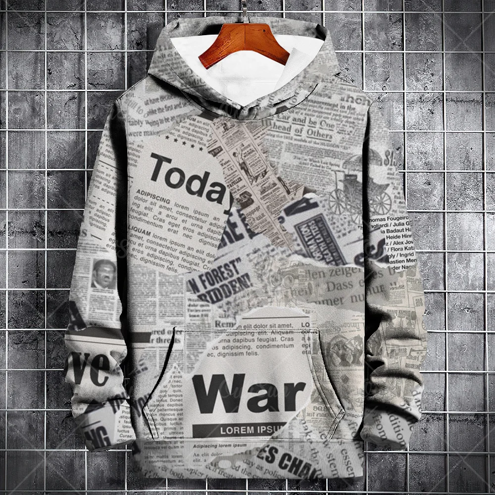 

Retro Men's Hoodie 3d Newspaper Print Fashion Casual Long Sleeved Loose Oversized Sports Shirt Street Harajuku Pullover Top 2024