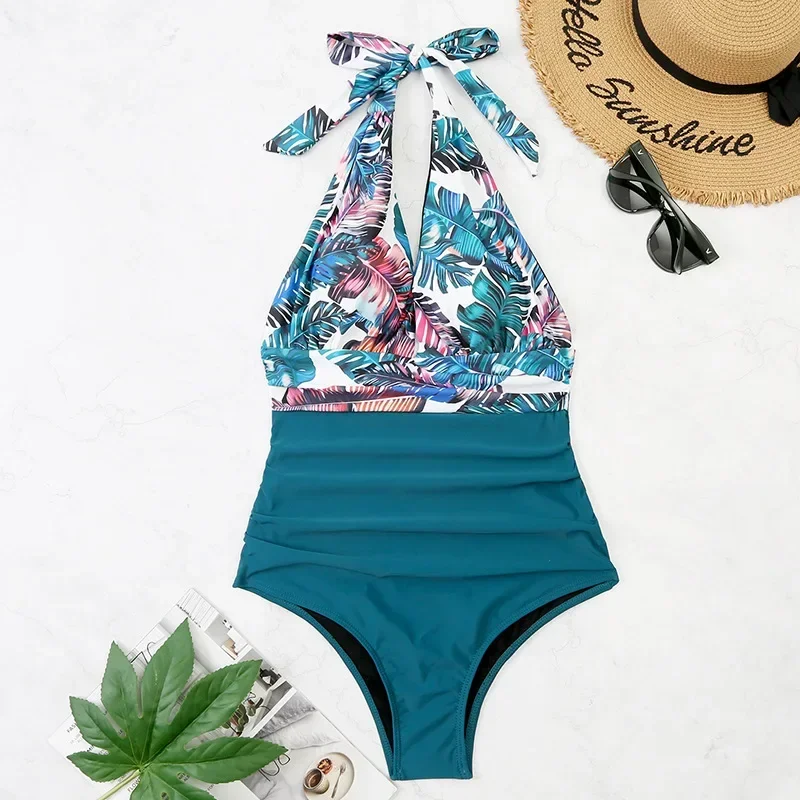 Fashion Printed Women One Piece Swimsuit Sexy Beachwear Backless Lace Up Swimwear