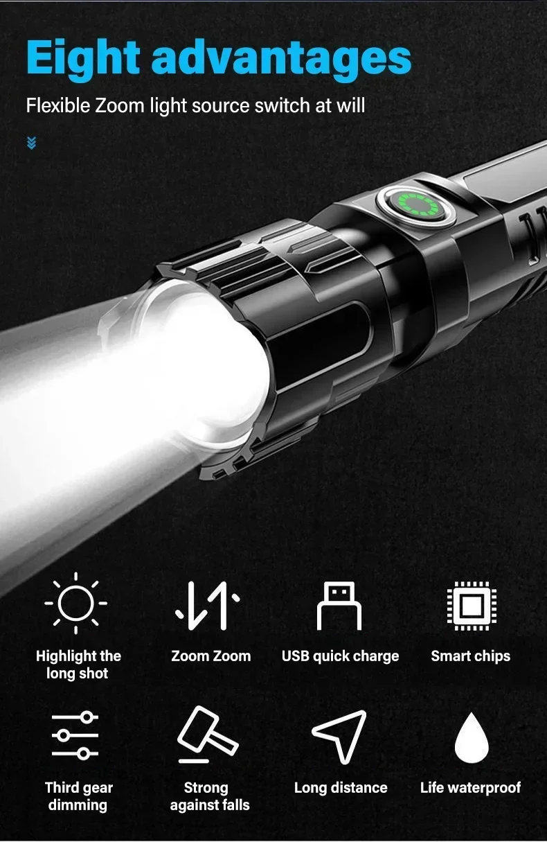 Description Picture 3 of itemHigh Strong Power Led Flashlights 2000LM Tactical Torch with Display Light USB Charging Camping Fishing Emergency Zoom Lantern