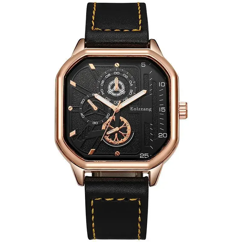 YIKAZE Men's Quartz Watches Alloy Dial Business Men Watch PU Leather Strap Square Sports Watch Cool Black Wristwatch for man 6