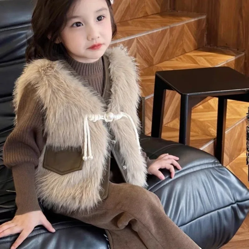 

Girls online celebrity suit autumn and winter clothes western-style fur vest childrens fashionable fried street three-piece suit