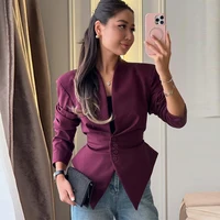 Blazer chic plissé à taille cintrée pour femme, col en V, simple boutonnage, avec lacets, manteau décontracté et ajusté pour le quotidien, collection 2026 4