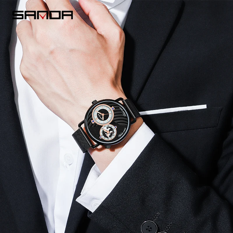SANDA Men Luxury Statement Quartz Watch Fashion Six Hand Dial Slim Watches 30M Waterproof Mesh Strap Men Watch Gift Reloj Hombre