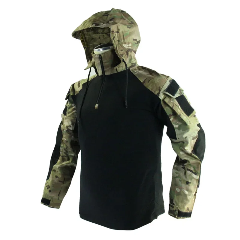 Men's Long Sleeve Combat Shirt 1/4 Zipper Ripstop Hooded Tactical Shirts Navy Blue Camoufalge Airsoft T Shirts Fishing Tops