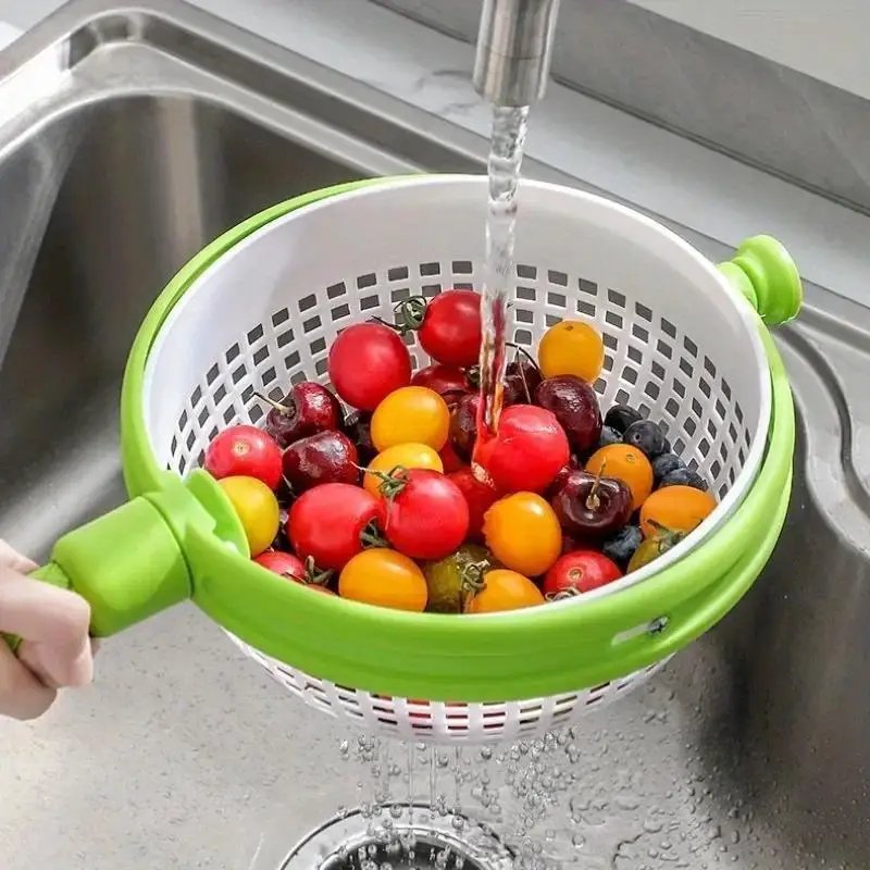 New 1 Pcs Vegetable Fruit Cleaning Rotating Drainage Basket Dehydration Water Throwing Household Kitchen Portable Drain Baskets