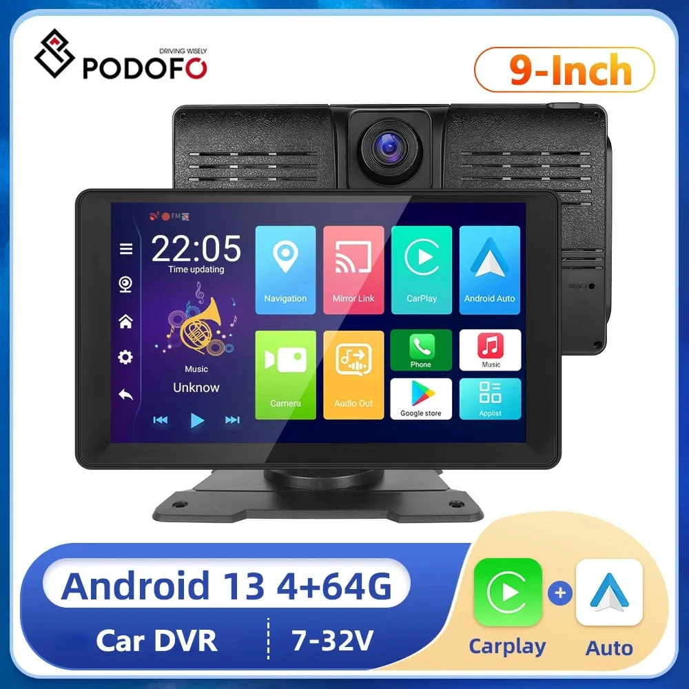 Podofo 9 Pollici Car Dvr Dash Cam Android 13 Monitor 4 + 64G Schermo Carplay Android Auto Monitor Car Dvr Dashboard Videoregistratore
