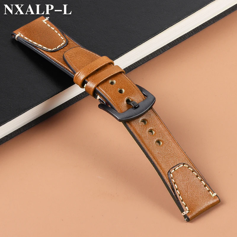 Vintage Genuine Leather Watch Band with Stitching - Retro Cowhide Quick Release Strap