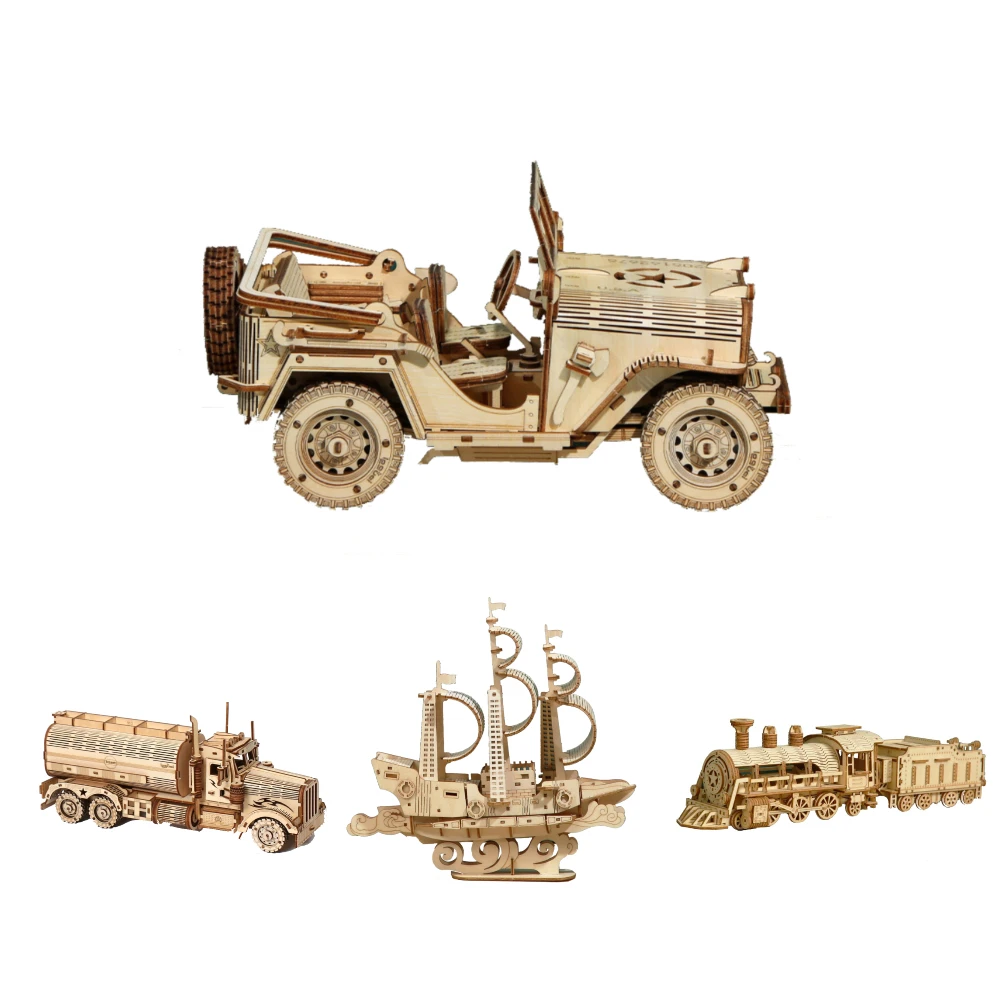 5 Kinds Wooden Puzzles Toys DIY Handmade Blocks Craft Assembly 3D Autocycle Trucks Cars Ships Desk Decoration for Children Kid