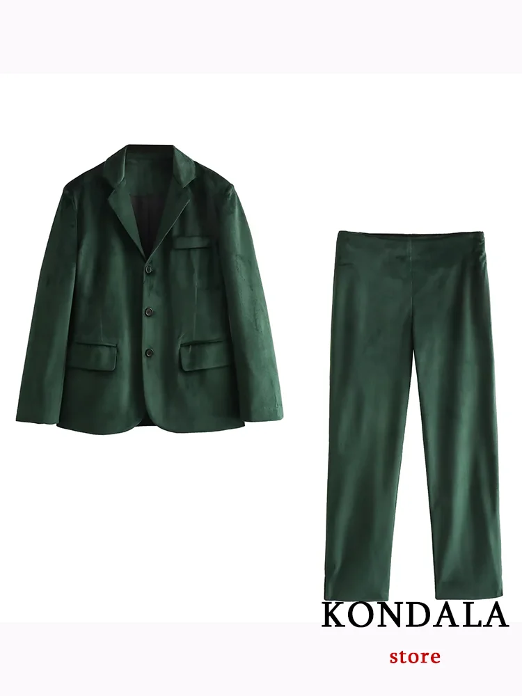 

Повседневный шикарный Однотонный женский костюм KONDALA, бархатный блейзер с V-образным вырезом и карманами, прямые брюки, новая мода 2024, осенне-зимние офисные женские комплекты