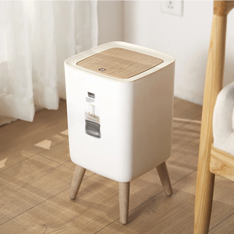 

Household Waste Bin Living Room Bedroom Garbage Bin Kitchen Bathroom Creative Waste Bin High Foot Wood Grain Pressing Trash Can