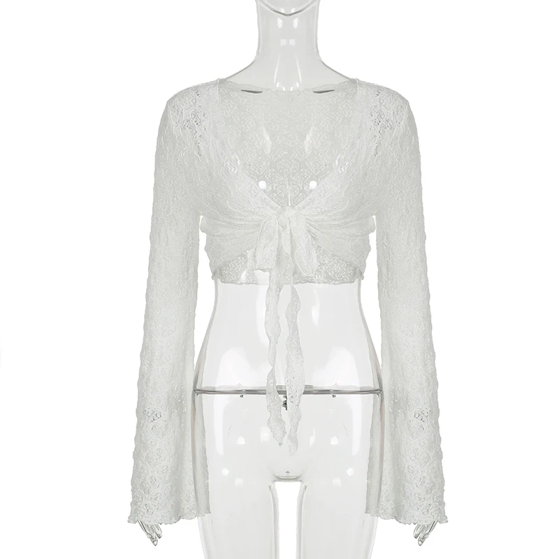 Women Trumpet Sleeves Sunscreen Cardigans Fashion Y2K V Neck Cropped Top Streetwear Knitted White Lace-up Tee Shirt