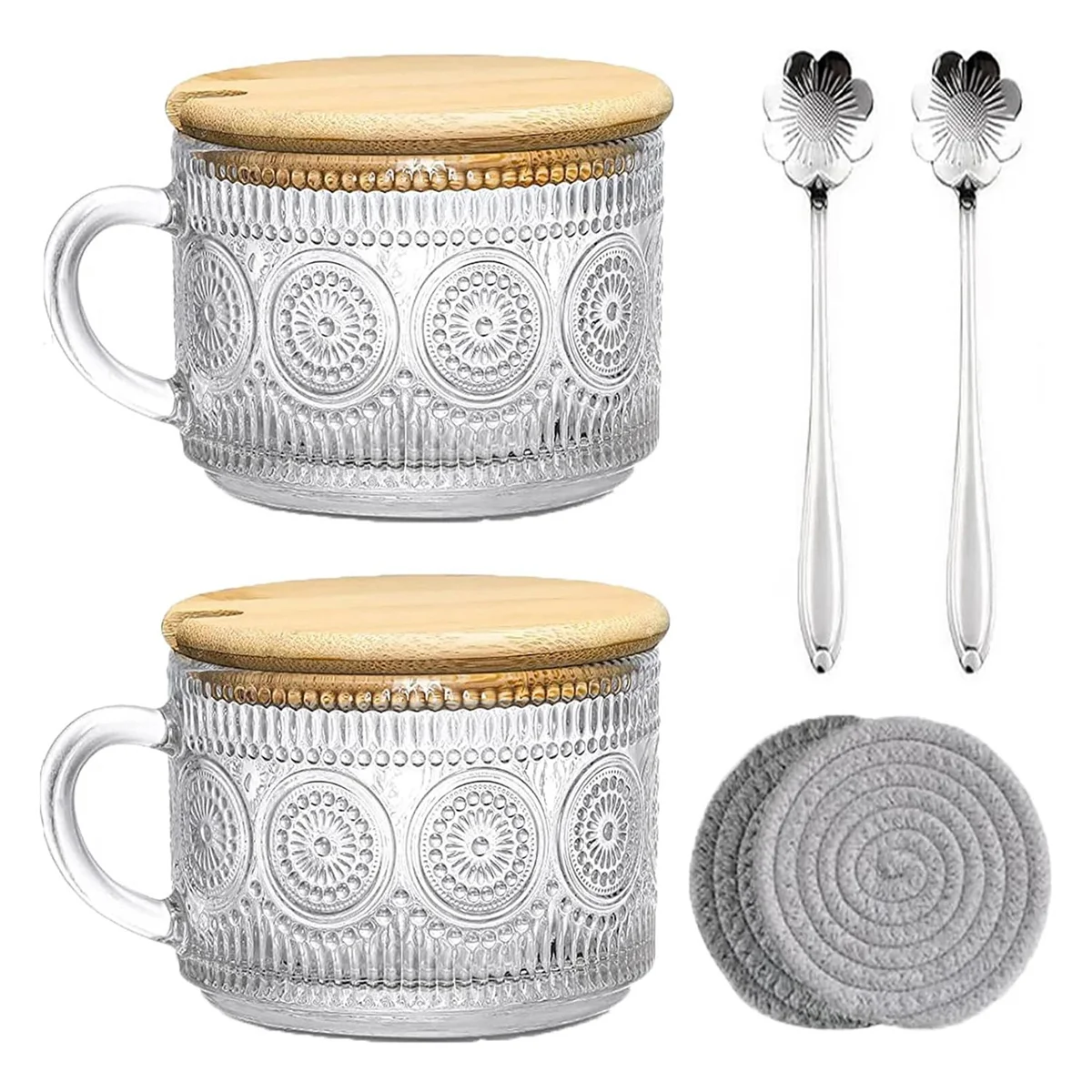 

Vintage Coffee Glass Mugs Set of 2, Glass Coffee Tea Cups with Bamboo Lids, Coaster and Spoons,15Oz Clear Embossed B