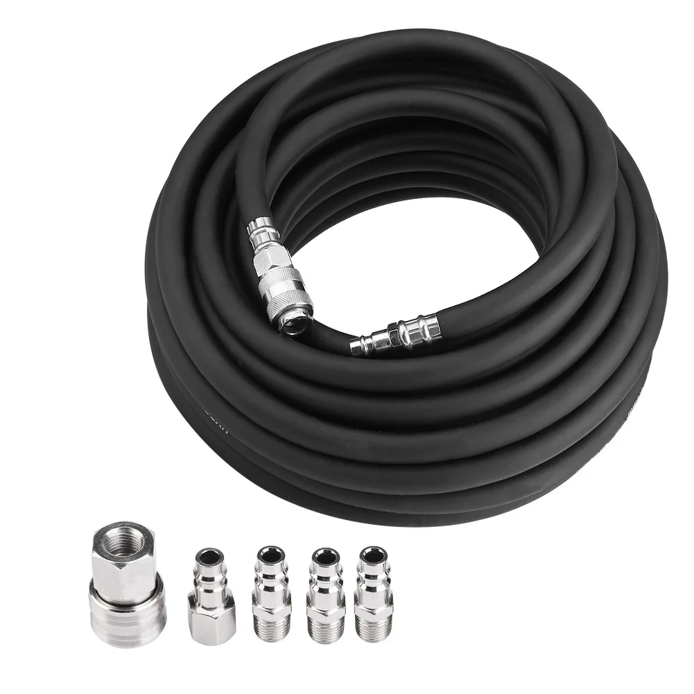 15M Flexible Rubber Pneumatic Air Hose with 5-Piece Compressor Accessory Kit Tool