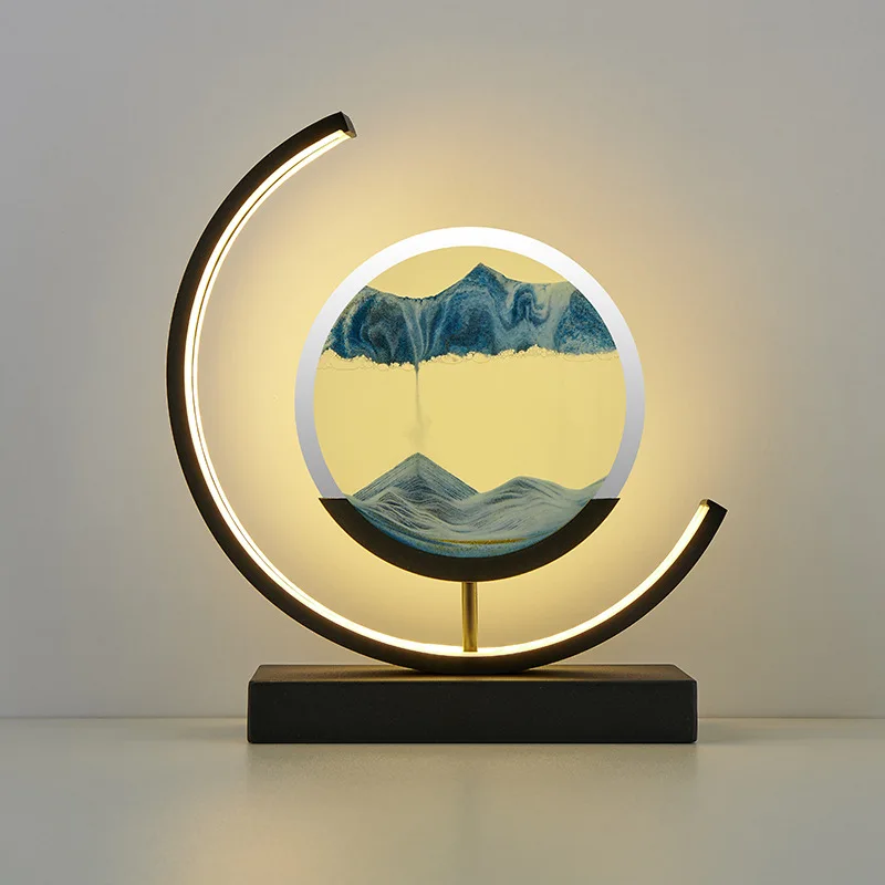 18W LED Bedside Table Lamp，3D Moving Art Sand Scene Dynamic Round Glass Hourglass  Remote Control Kids Bedroom Night Light 