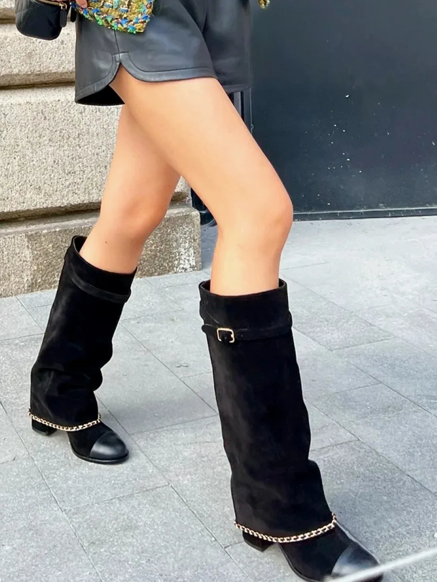 

Black Suede Knee Boots Round Toe Chunky Heel Chain Botines Buckled Trouser Botas Femininas Slip On Women Shoes Zapatos Mujer