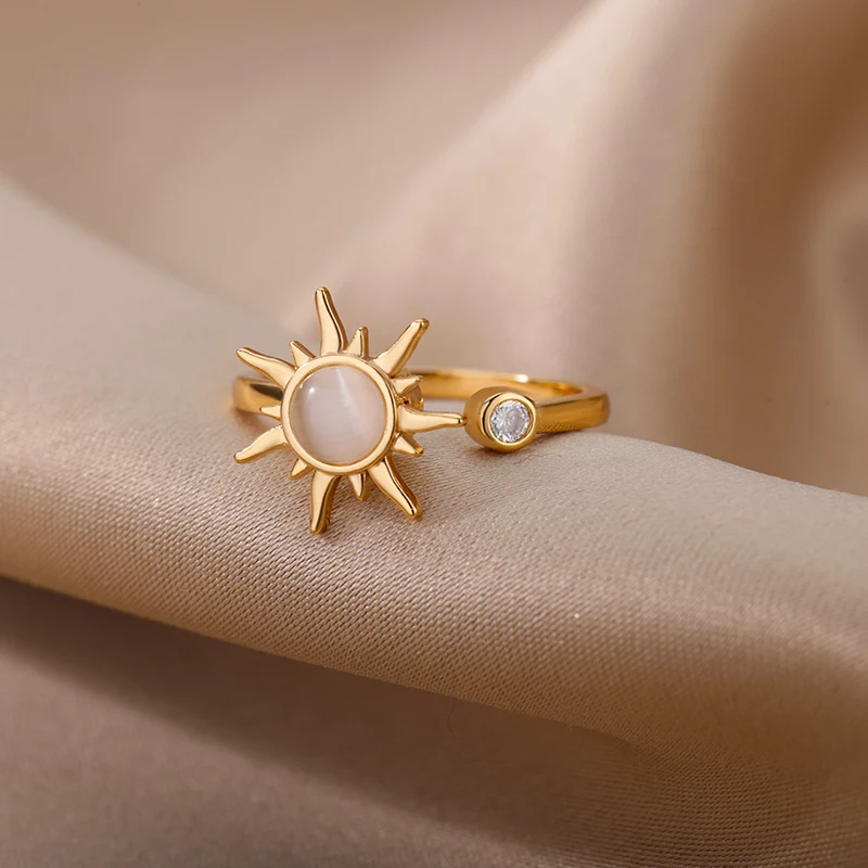 Rotating Sun Opal Ring Stainless Steel Retro Charm Adjustable Open Rings
