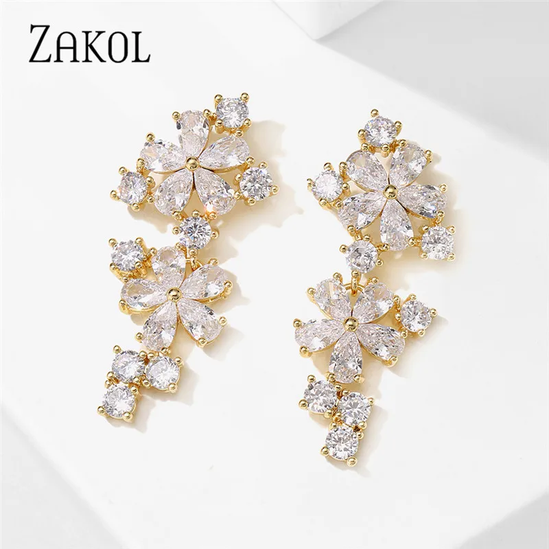 ZAKOL Romantic Temperament Shiny Flowers Cubic Zirconia Dangle Earrings Wedding Jewelry for Bride and Bridesmaids EP2918