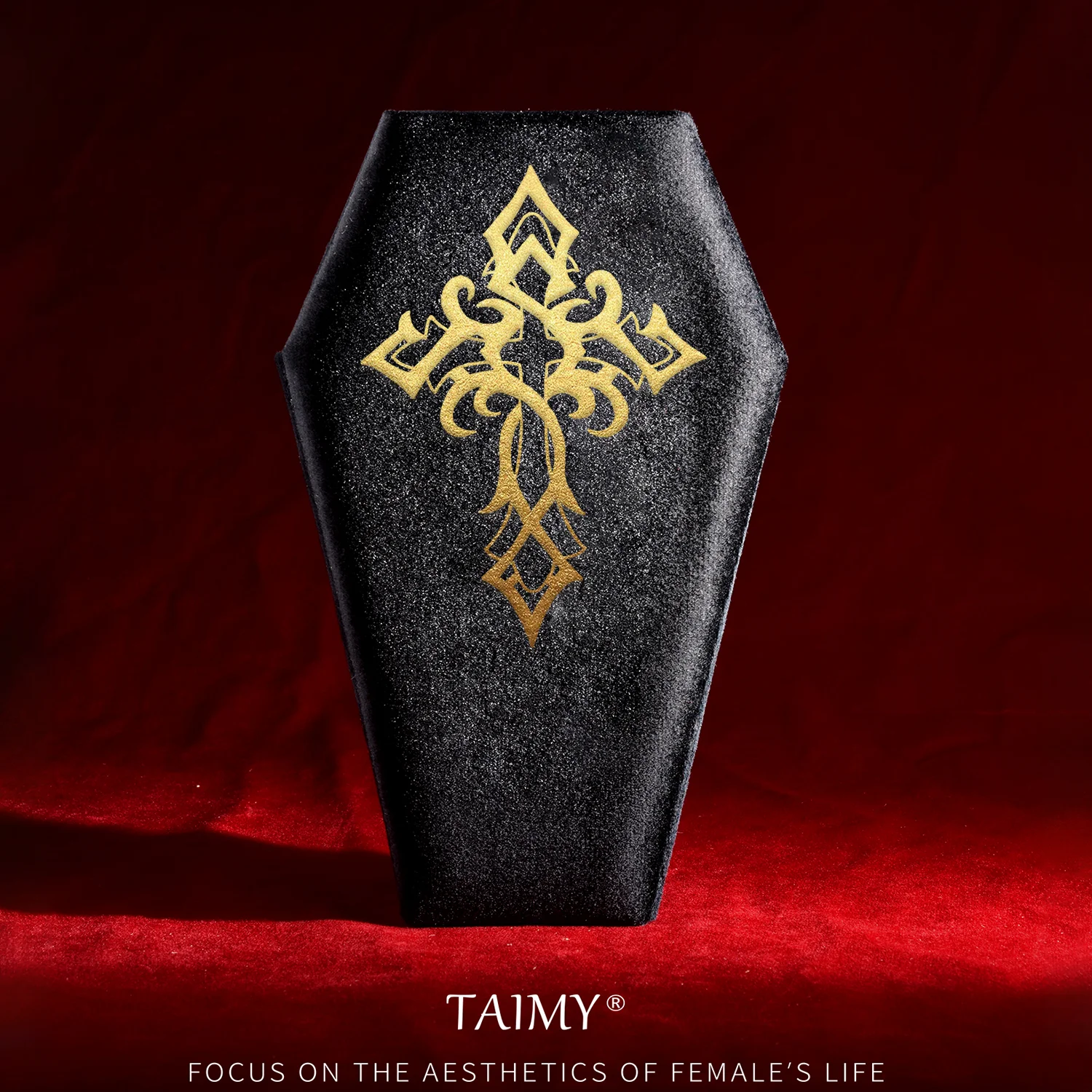 TAIMY Gothic Plush Velvet Coffin Shape Ring Jewelry Box Religion Belief Jesus Cross Pattern Storage Case Halloween Thriller Gift